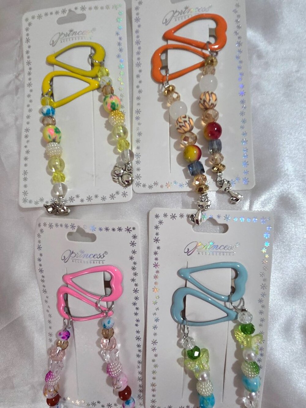 Colorful Enamel Heart Hair Clips w/ Crystal Beads & Silver Tone Charms